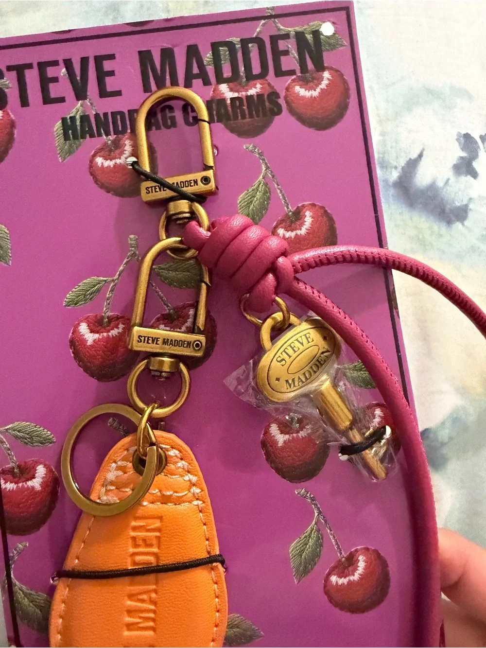 Steve Madden Pink and Orange Leather Key & Card Holder Charm